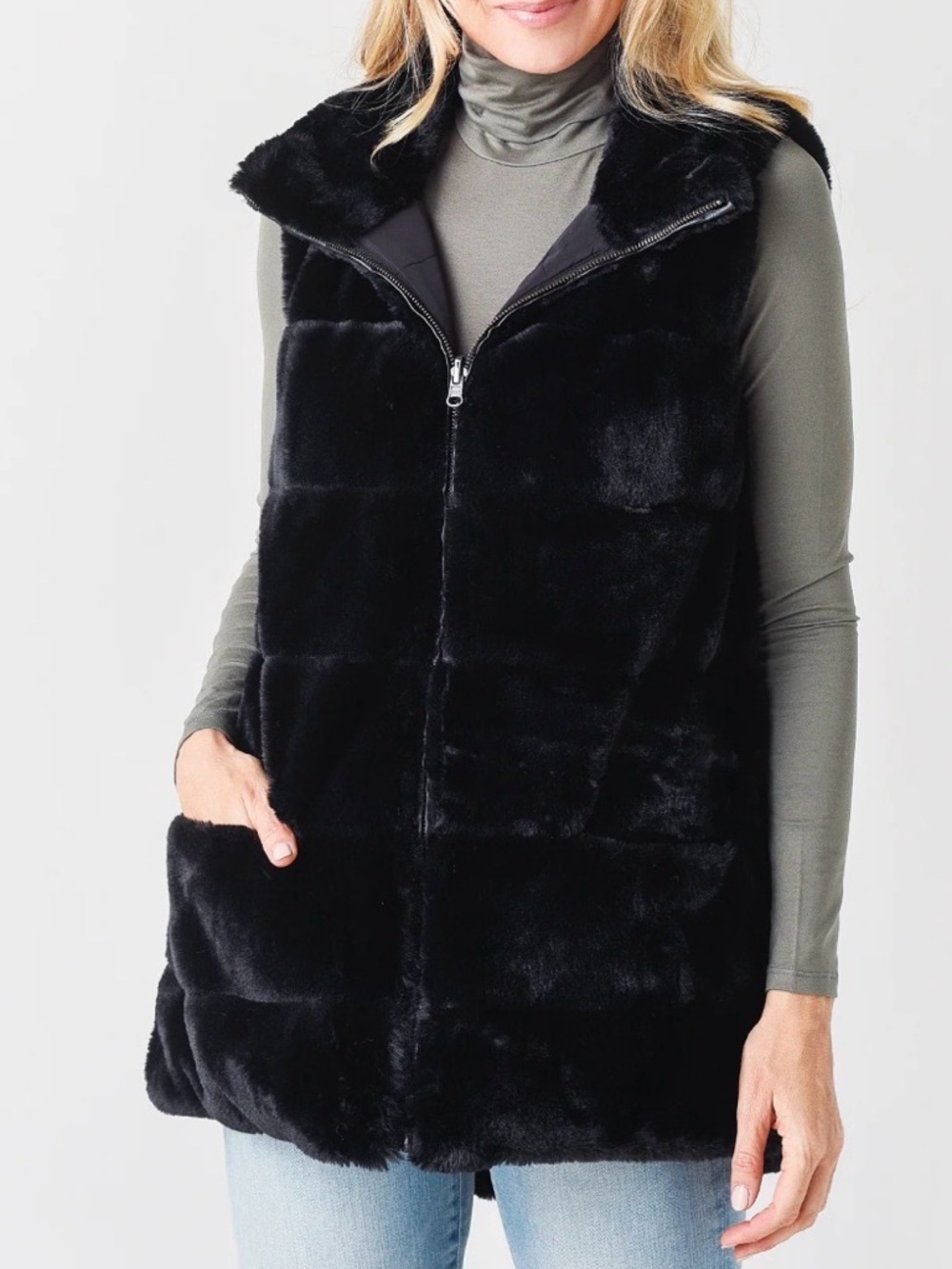 dylan Black Faux Fur Reversible Zip-Up Vest with Stand Collar